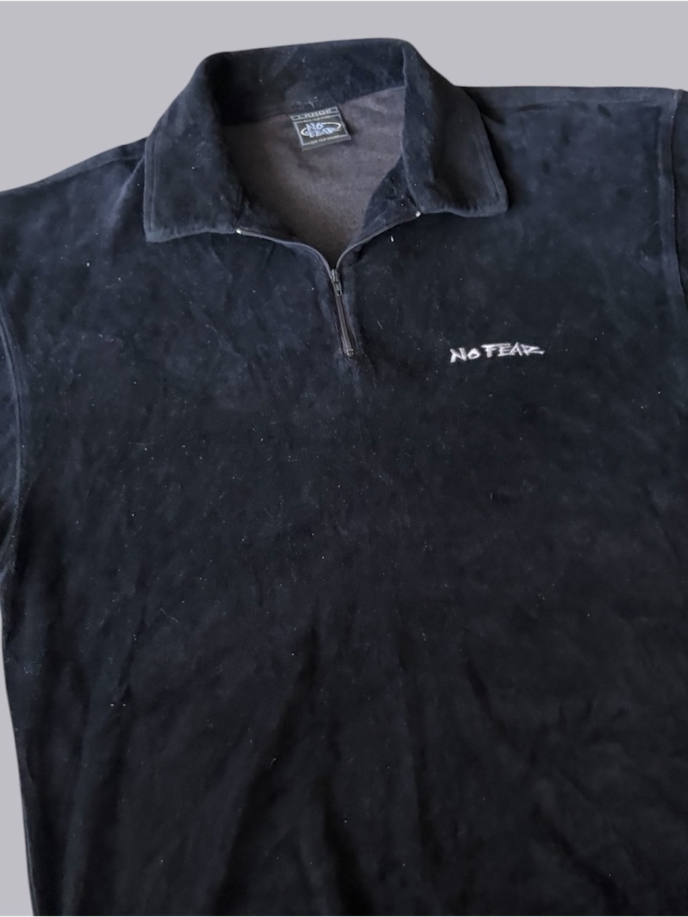 Vintage NO FEAR Black Velour 1/4 Zip Polo Shirt